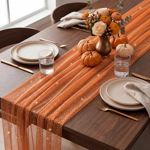 1pc Fall/Halloween Table Runner 10 ft Orange Metallic Foil Sheer - color: Orange