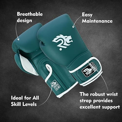 Ring Pro Leather Boxing Gloves with Strap – Premium for Training, Sparring, MMA, Kickboxing, Muay Thai (Unisex) - color: Green, size: 12 oz