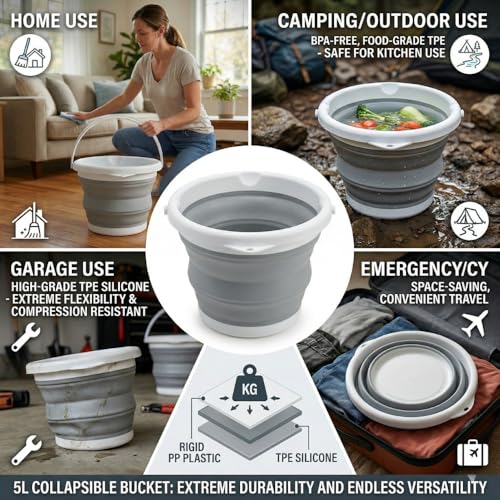 Collapsible Bucket 5L, Foldable Silicone Water Pail with Handle, Portable Space Saving Bucket for Cleaning, Camping, Car Wash, Fishing, Travel, Durable Lightweight Utility Container