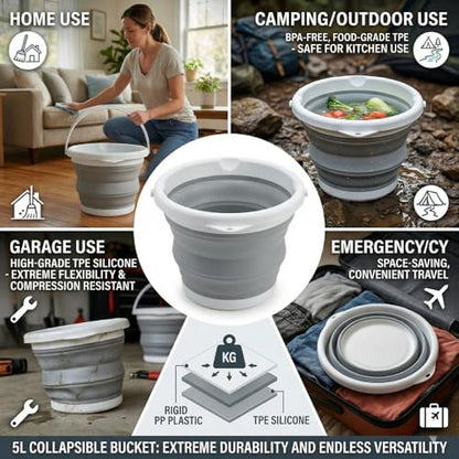 Collapsible Bucket 5L, Foldable Silicone Water Pail with Handle, Portable Space Saving Bucket for Cleaning, Camping, Car Wash, Fishing, Travel, Durable Lightweight Utility Container