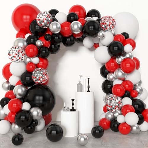Amandir 153pcs Red Black and White Balloon Arch Garland Kit Different Sizes 18 12 10 5inch Silver Latex Metallic Confetti Graduation Balloons for Birthday Wedding Movie Night Casino Party Supplies - color: Metallic Silver