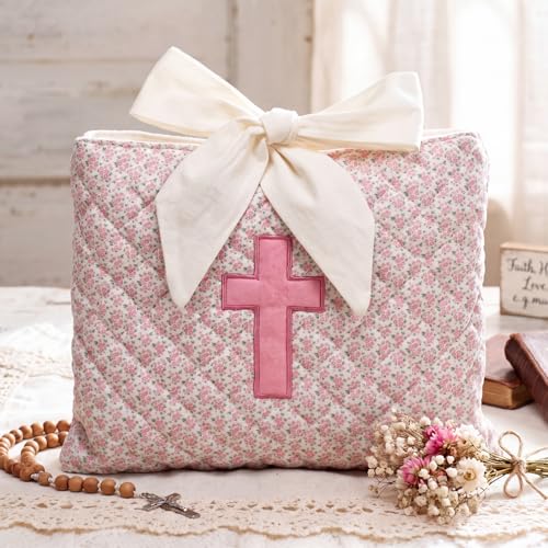 Honoson Quilted Bible Cover Case Book Sleeve,Pink Floral Cross - style: Pink Floral Cross