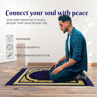 Muslim Prayer Rug, Soft Plush Thin Islamic Prayer Mat, Janamaz, Sajada, Praying Carpet, Islamic Gift, Foldable Portable Turkish Prayer Mat for Men&Women, Lightweight Travel Prayer Rug, 26"x43" - color: Taif / Navy