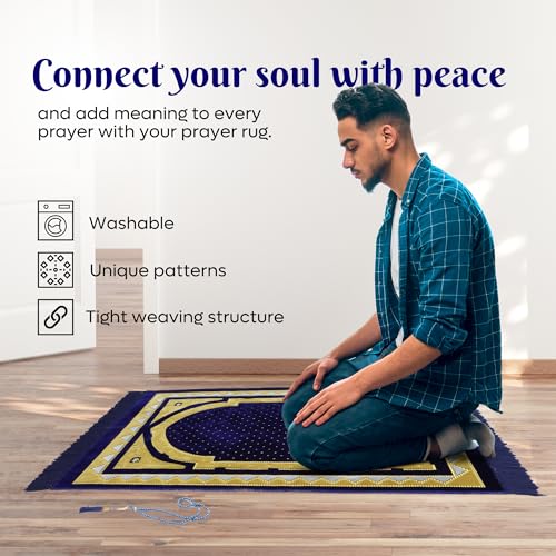 Muslim Prayer Rug, Soft Plush Thin Islamic Prayer Mat, Janamaz, Sajada, Praying Carpet, Islamic Gift, Foldable Portable Turkish Prayer Mat for Men&Women, Lightweight Travel Prayer Rug, 26"x43" - color: Taif / Navy