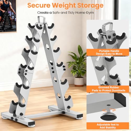 TomCare 6-Tier|5-Tier|4-Tier|2-Tier Dumbbell Rack Stand Only for Home Gym | Stable A-Frame, Fits 5–35 lb Dumbbells, Protective Padded Cradles, Adjustable Feet, Easy-Carry Handle (Stand Only) - color: Dark Gray, size: 6 Tier
