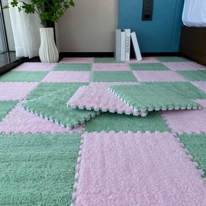 FYYSJW 10 Piece Plush Patchwork Foam Floor Mat, Soft Interlocking Floor Carpet Squares, Fluffy Puzzle Area Rug, 12 X 12 Inch,Green+Pink - color: Green+pink