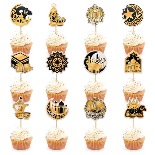 24Pcs Eid Mubarak Cupcake Toppers Moon Star Ramadan Kareem Cupcake Toppers for Eid Islamic Muslim Party Cake Decorations Supplies - color: Golden