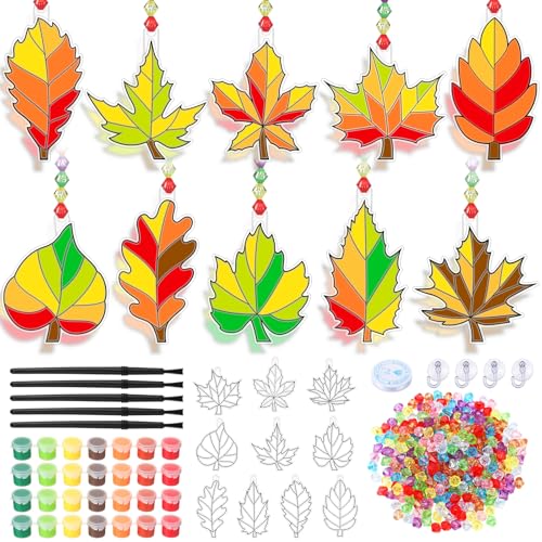 Beeveer 30 Sets Fall Leaf Suncatchers Craft Kit DIY Window Art - style: Fall Leaf