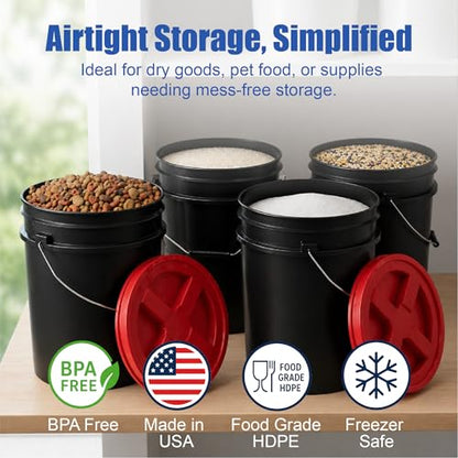 5 Gallon Bucket - Food Grade w/Lid BPA-Free, Black/Red, 6 | Airtight Gamma Seal Screw-On Lid, Heavy-Duty 90 Mil HDPE Plastic, Food Safe and Durable Container, Bulk Storage, Made in USA - color: Black/Red, size: 6 Packs