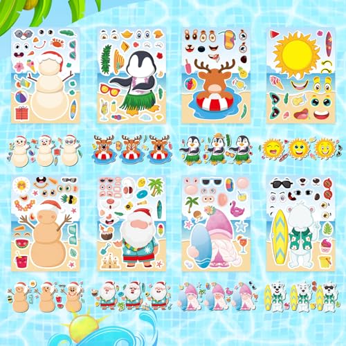 Summer Stickers for Kids, July Christmas Hawaii Tropical Beach Stickers | 24 PCS Make Your Own Mix and Match Sticker with Santa Claus, Reindeer, Penguin, Polar Bear and Snowman, Make a Face Stickers - style: July Christmas Stickers