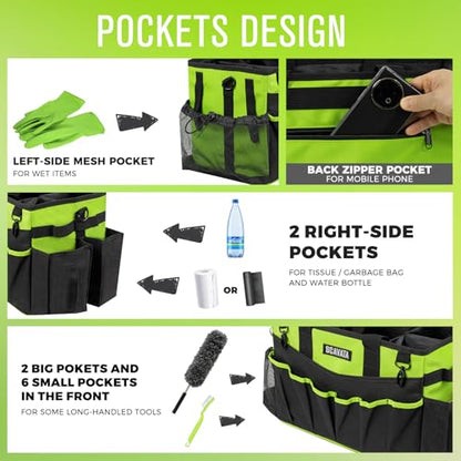 SCAVATA Wearable Cleaning Caddy Bag, Cleaning Caddy Supplies Organizer with Handle & Shoulder Straps for Housekeepers, Under Sink & Car Cleaning Tool Organizers with 4 Foldable Divider (NeonGreen) - color: NeonGreen