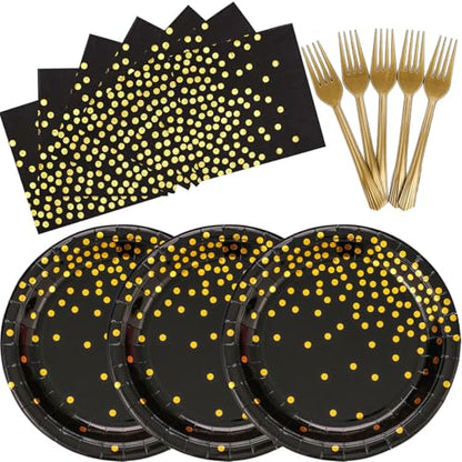 150 PCS Black and Gold Paper Plates Napkins Forks Party Supplies Serves 50, Golden Dot Disposable Paper Dinnerware 9" Plates for Birthday, New Years Eve, Graduation, Retirement Party - color: Black Gold (Serves 50)