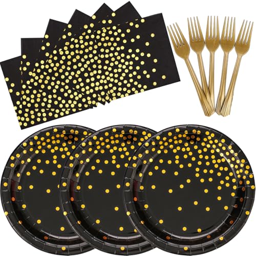 150 PCS Black and Gold Paper Plates Napkins Forks Party Supplies Serves 50, Golden Dot Disposable Paper Dinnerware 9" Plates for Birthday, New Years Eve, Graduation, Retirement Party - color: Black Gold (Serves 50)