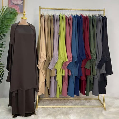 Muslim Women Abaya Two Pieces Set Prayer Dress Elasticated Sleeves Islamic Robe Modest Full Cover Prayer Clothes - color: Wine Red