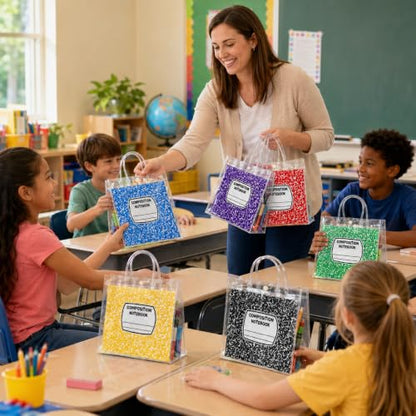 Cinrobiye 24 Pcs Composition Notebook Back to School Gift Bags with Handles, Clear Reusable Student Welcome Goodie Bags for Classroom Prizes, Teacher Gifts, School Party Favors & First Day of School Supplies - color: Colorful2