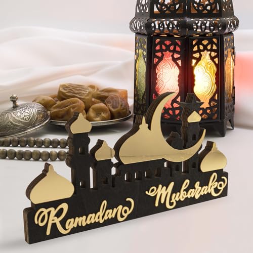 Wooden Acrylic Ramadan Decorations for Home 2026, Gold Black Ramadan Mubarak Eid Kareem Sign Stand, Wood Islamic Table Centerpiece Fireplace Office Desk Mosque Decor, Arabic Muslim Gifts