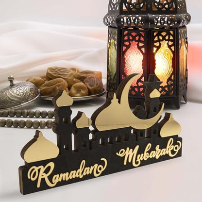 Wooden Acrylic Ramadan Decorations for Home 2026, Gold Black Ramadan Mubarak Eid Kareem Sign Stand, Wood Islamic Table Centerpiece Fireplace Office Desk Mosque Decor, Arabic Muslim Gifts