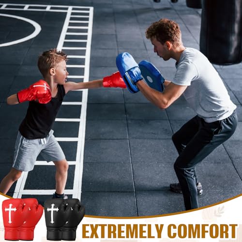 2 Pairs 12 oz Christian Boxing Gloves for Men & Women Cross Religious Boxing Gloves for Beginners & Kids Red Black Lightweight Shockproof Mitts for Training & Practice