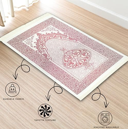 Muslim Prayer Rug Prayer Beads Kufi Hat for Men and Women 100% Breathable Black Skull Beanie Traditional Desing Prayer Mat Eid Ramadan Gifts Islamic Set Salah Mat Taffeta Fabric Soft (Pink) - color: Pink