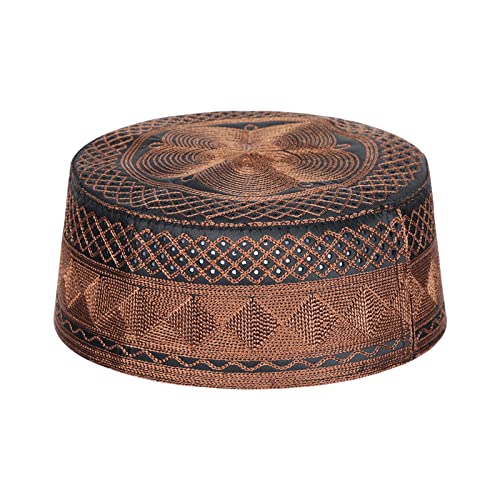 SIQITECHNO Men Muslim Prayer Kufi Hat Embroidered Kofia Topi Islam Kufi Hat Arab Hajj Mosque Prayer Headwear Ramadan Eid - color: Dark Coffee