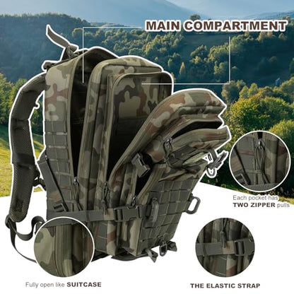 Hannibal Tactical MOLLE Assault Backpack, Tactical Backpack Military Army Camping Rucksack, 3-Day Pack Trip w/USA Flag Patch, D-Rings, Polish Camo - color: Polish Camo