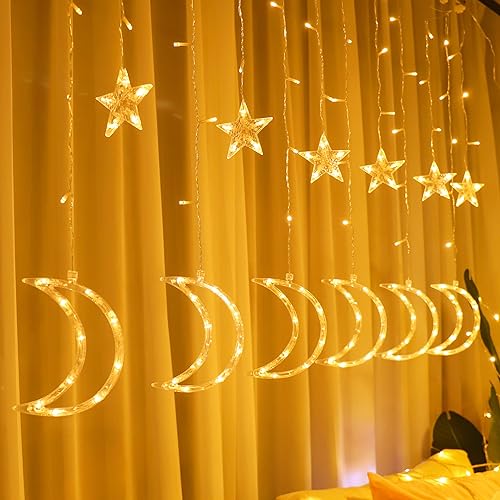 LED Moon Star Curtain String Lights, 138 LED USB Powered Fairy Hanging Lights with 8 Lighting Modes 6-Hour Timer Waterproof for Bedroom Wall Window Christmas Decoration (Moon) - style: Moon