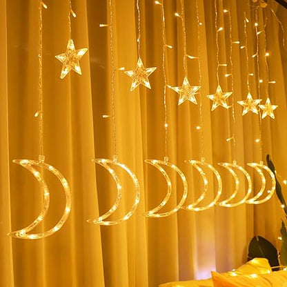 LED Moon Star Curtain String Lights, 138 LED USB Powered Fairy Hanging Lights with 8 Lighting Modes 6-Hour Timer Waterproof for Bedroom Wall Window Christmas Decoration (Moon) - style: Moon