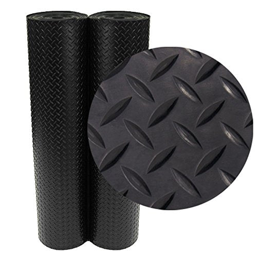 Rubber-Cal Diamond-Plate Rubber Flooring Roll - 3 mm x 4 ft x 2.5 ft Roll - Black - size: 30"L x 48"W x 0.1"Th