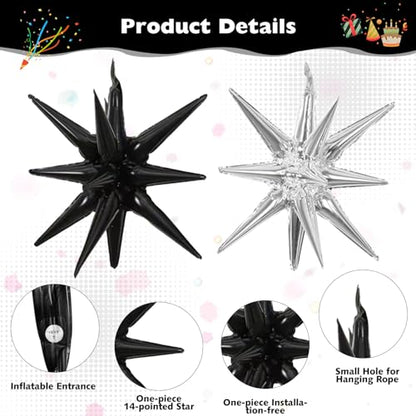 6 Pcs Silver Star Foil Balloons One-Piece 14-Pointed Star Balloon 4D Starburst Cone Mylar Balloon 22inch Christmas Birthday Wedding Wedding Anniversary Party Supplies (Black + Silver) - color: Black + Silver