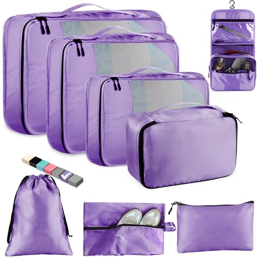 Toncoke 8-Piece Packing Cubes for Travel, 2026 Upgraded Durable Zippers & Reinforced Mesh, Complete Luggage Organizer Set with Shoe/Toiletry/Laundry Bags, 4 Sizes for Suitcase, Men Women, (Purple) - color: Purple