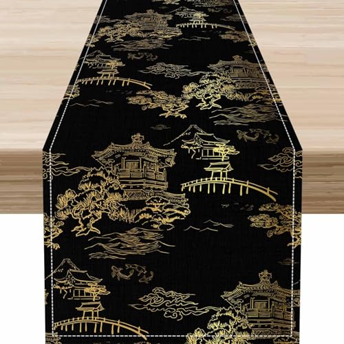 Chinese Table Runner,Vintage Traditional Landscape Ink Painting Asian Nature Scenery Gold Black Print Table Runners for Indoor Outdoor Home Party Holiday Decor 13 x 36 Inch - color: Japanese-4, size: 13x36" Table Runner