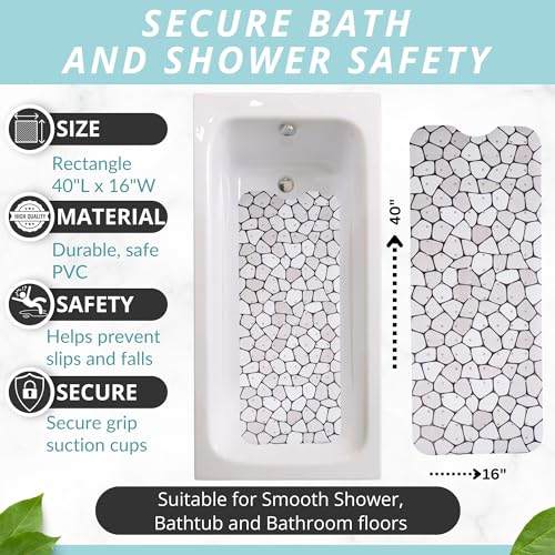 ENKOSI Non-Slip Bath & Shower Mat 40x16 Extra Long, Suction & Drain Holes | Pebble spa look; Durable PVC; 40x16 in, Pebble - color: Pebble
