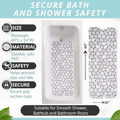 ENKOSI Non-Slip Bath & Shower Mat 40x16 Extra Long, Suction & Drain Holes | Pebble spa look; Durable PVC; 40x16 in, Pebble - color: Pebble