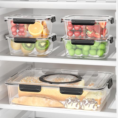 LOTKEY 5 Pack Fruit Storage Containers for Fridge, Divided Serving Tray with Lid and Handle Portable Snack Box Container BPA-Free Fridge Organizer Bins for Fruit, Veggie, Snack, Nuts