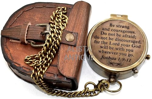 “Be Strong and Courageous” Joshua 1:9' Vintage Brass Compass with Leather Case | Timeless Pocket Compass for Men and Women | Outdoor Travel and Inspirational Quote | Religious Gift | Baptism Gift