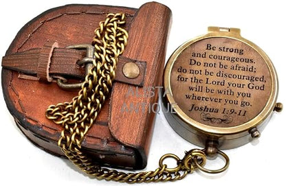 “Be Strong and Courageous” Joshua 1:9' Vintage Brass Compass with Leather Case | Timeless Pocket Compass for Men and Women | Outdoor Travel and Inspirational Quote | Religious Gift | Baptism Gift