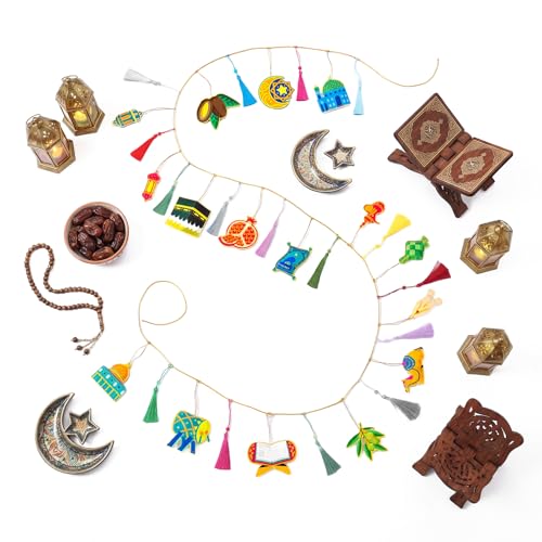 Batiyeer 32 Pcs Eid Mubarak Decorations 3D Felt Ramadan Banner Set with Lantern Moon Palace for Islam Muslim Celebration Lesser Bairam Party Hanging Decor