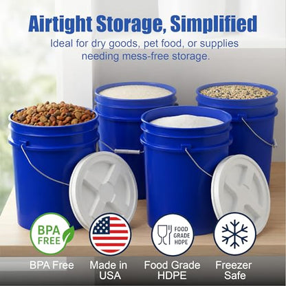 5 Gallon Bucket - Food Grade w/Lid BPA-Free, Blue/White, 6 | Airtight Gamma Seal Screw-On Lid, Heavy-Duty 90 Mil HDPE Plastic, Food Safe and Durable Container, Bulk Storage, Made in USA - color: Blue/White, size: 6 Packs