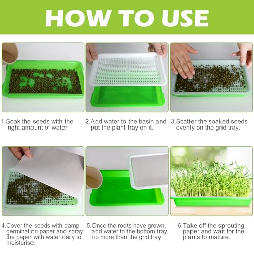 EBaokuup 5 Pcs Seed Sprouter Tray with Drain Holes - BPA Free Seed Germination Propagation Trays, Soil-Free Wheatgrass Bean Sprouts Microgreens Growing Kit with Germinating Paper - color: Green,5pack