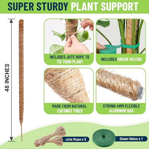 Plant Sticks Support Tall – Large Moss Pole Monstera Plant Support 48 Inch (1 Pack), Bendable Tall Moss Pole for Plants, Indoor Climbing Pole, Easy to Shape and Use - size: 48" - 1 Pack
