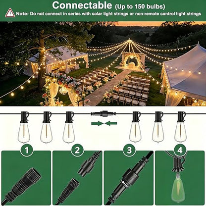 100FT Remote Outdoor String Lights for Outside, 50+2 LED Waterproof Shatterproof Edison Dimmable Timer Bulbs, 2500K Warm White Patio Lights for Garden Backyard Yard Hanging Lighting - size: 100FT