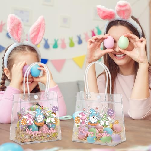 Aliceset 24pcs Happy Easter Gift Bags Bulk - Easter Clear PVC Bunny Gift Bags with Handle Reusable Candy Party Favor Totes for Snack Candy Treat Party Favor (Gnome, 6.31"x 5.91"x 3.15") - style: Easter Gnome