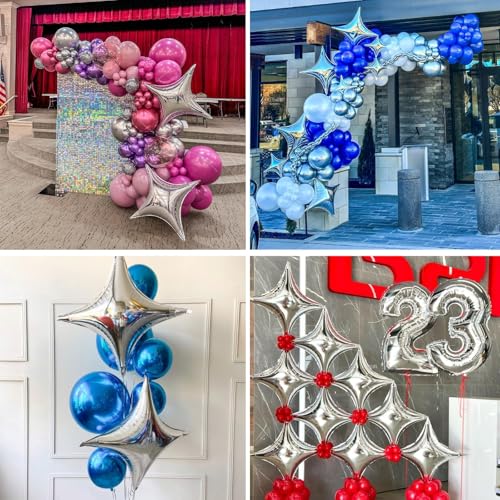Silver Star Balloons,12Pcs Four Angle Star Foil Balloons - color: Silver