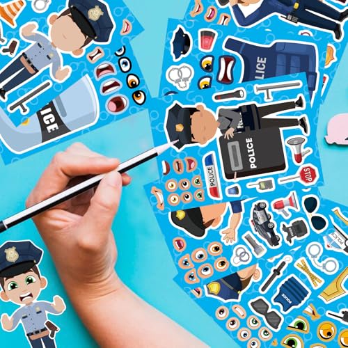 Make Your Own Policeman Stickers, Make-a-face Stickers, Educational Theme | 24 Sheets Goodie Bags Stuffers Gift for Kids, Birthday Party Favor School Classroom Teacher Reward - style: Policeman