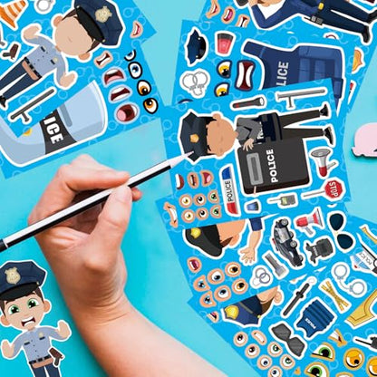Make Your Own Policeman Stickers, Make-a-face Stickers, Educational Theme | 24 Sheets Goodie Bags Stuffers Gift for Kids, Birthday Party Favor School Classroom Teacher Reward - style: Policeman