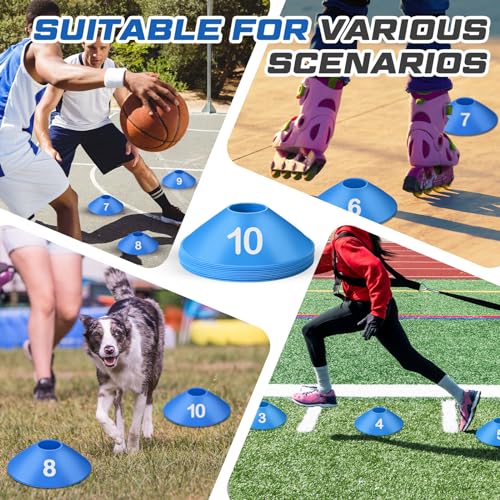 10 Pcs Numbered Sports Disc Cones 1-10 Soccer Cones with Mesh Carry Bag Flexible Agility Cones Soft Field Cones for Gym PE Classes School Activities Games, Sports Training Equipment - color: Blue