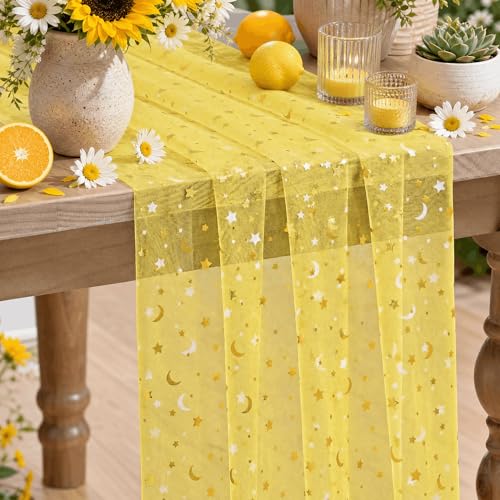 Artoid Mode Yellow Gauze Stars Moon Table Runner 10FT, Glitter Metallic Foil Sheer Dining Wedding Anniversary Holiday Birthday Table Decor for Home Party - color: Yellow