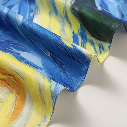 100% Mulberry Silk Scarf-Printed or Solid Color 35” Square Large Silk Hair Head Wrap Scarf With Gift Box Package - color: A Pattern: the Starry Night (Van Gogh)