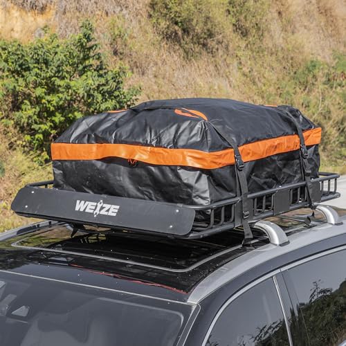 WEIZE Heavy Duty 64"x 39" Roof Rack, Rooftop Cargo Carrier Basket with Waterproof Bag, Tie Down Strap & Net, Car Top Luggage Holder for SUV, 150lb Capacity, Steel Construction - size: 64" x 39" x 5"