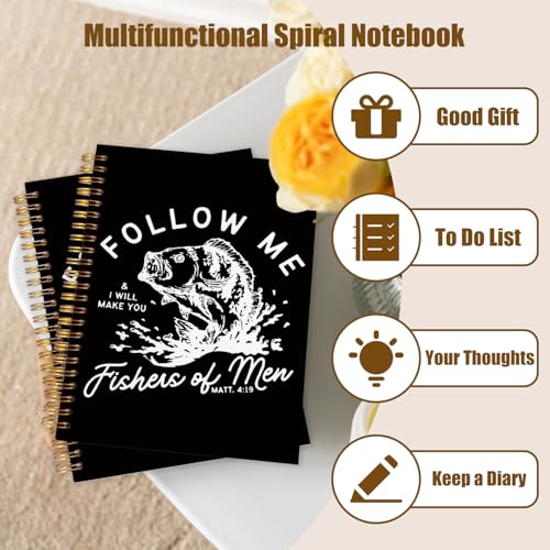 WUCHJ Black Retro Fish Christian Notebook, Matthew 4:19 Bible Verse Journal, Religious Scripture Spiral Notebook Journal for Note Taking, Christian Faith Based Gifts for Women Men, 5.5x8.3 Inch - color: black fish follow me